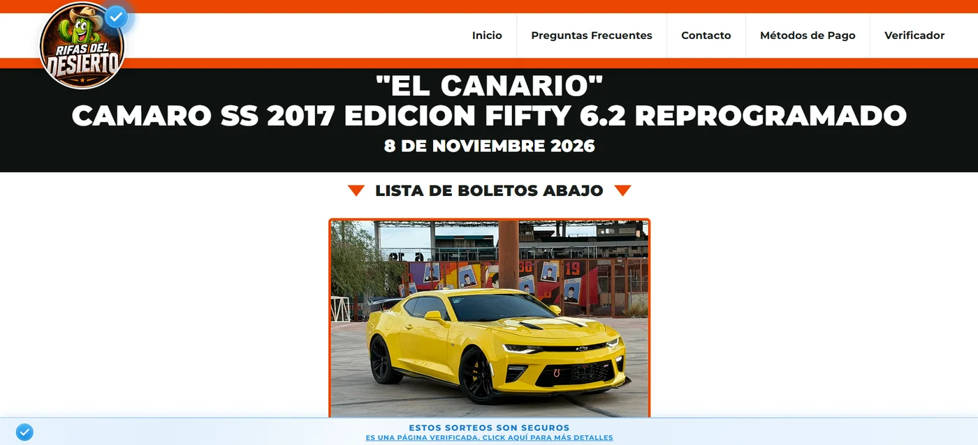 Página de una rifa creada con Lottery Site: premio, fecha del sorteo, lista de boletos y sello de página verificada